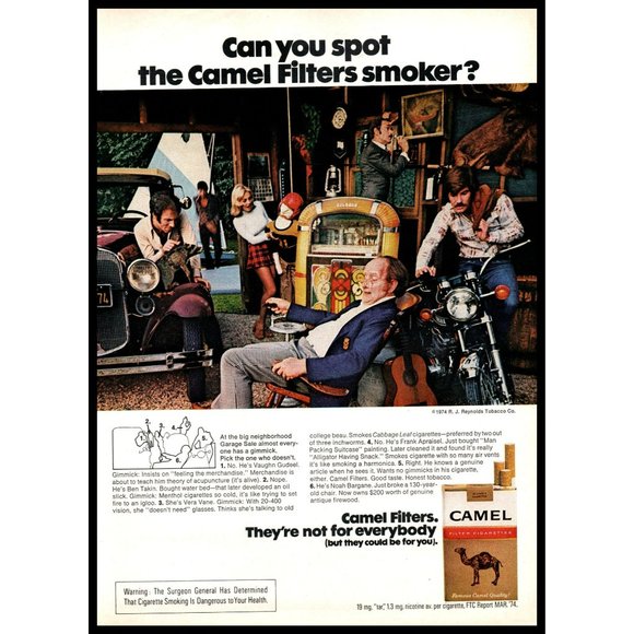 1974 Can You Spot the Camel Filters Smoker Vintage Print Ad Jukebox Miniskirt - Picture 1 of 1